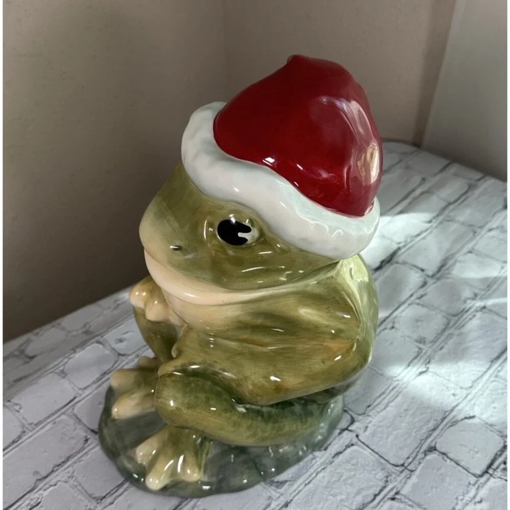 American Retro Frog with Santa Hat Cookie Jar Hand Painted Christmas 2005 Vtg